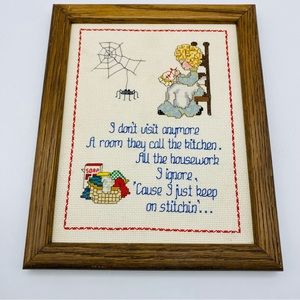 Completed Cross Stitch Lady Sitting in rocking chair Stitching Framed